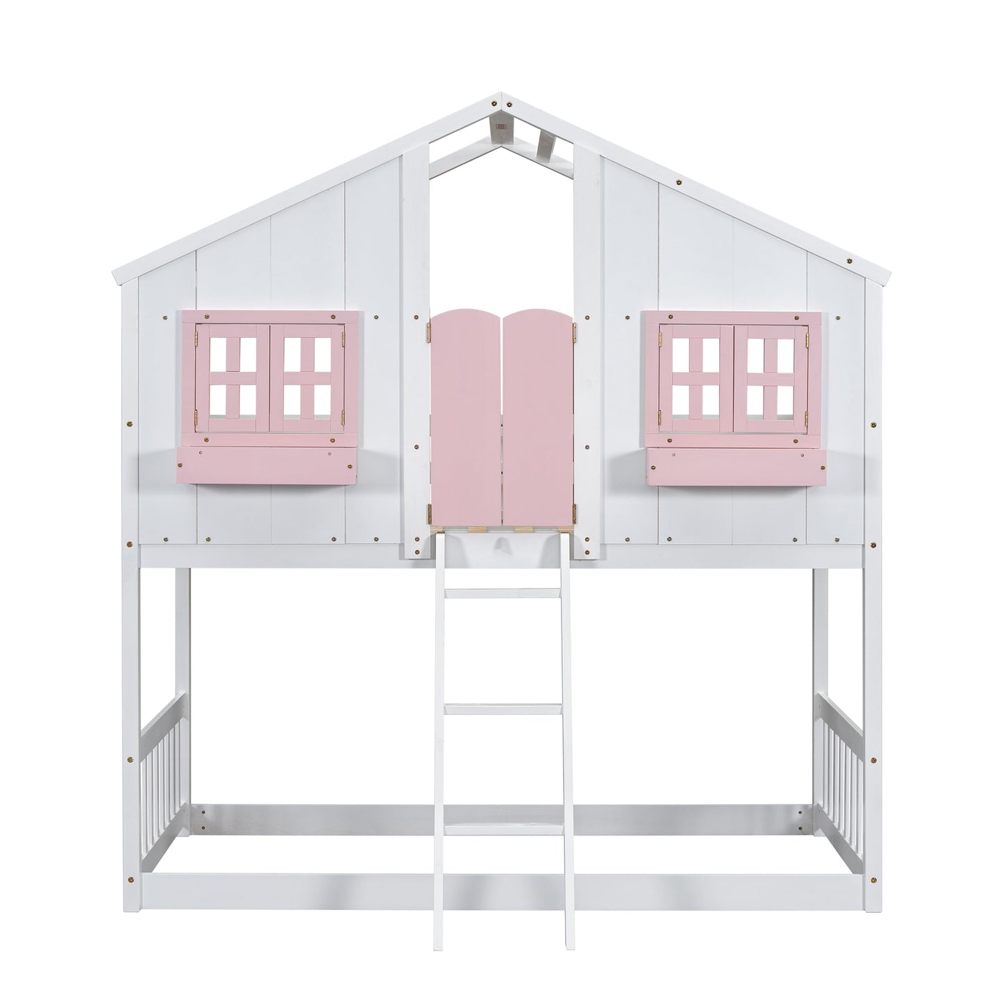 Twin over Twin House Bunk Bed with Roof , Window, Window Box, Door , with Safety Guardrails and Ladder, Pink/White