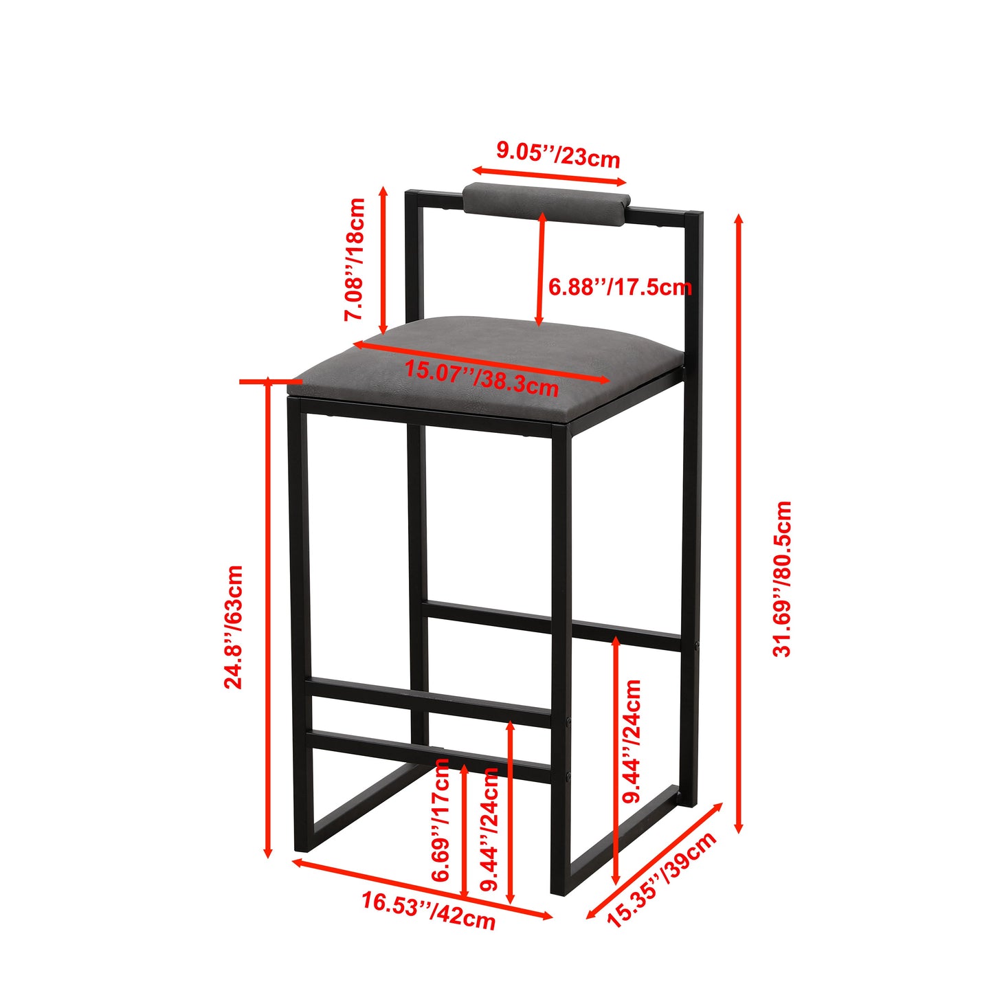 Set of 2 Counter Height Barstools Kitchen Island Stools (Gray with Back)