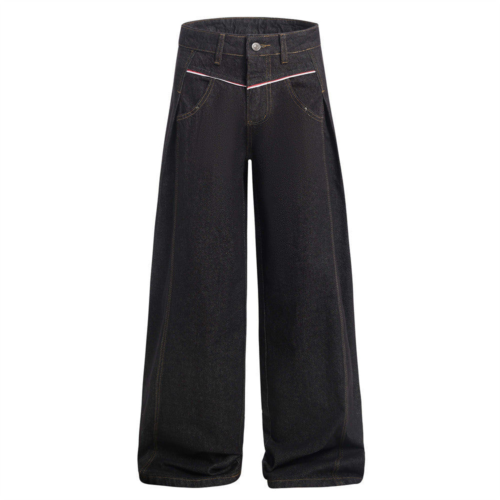 American High Street Design Denim Wide Leg Long Pants Men's Vibe Trendy Side Pleated Loose Casual Trousers
