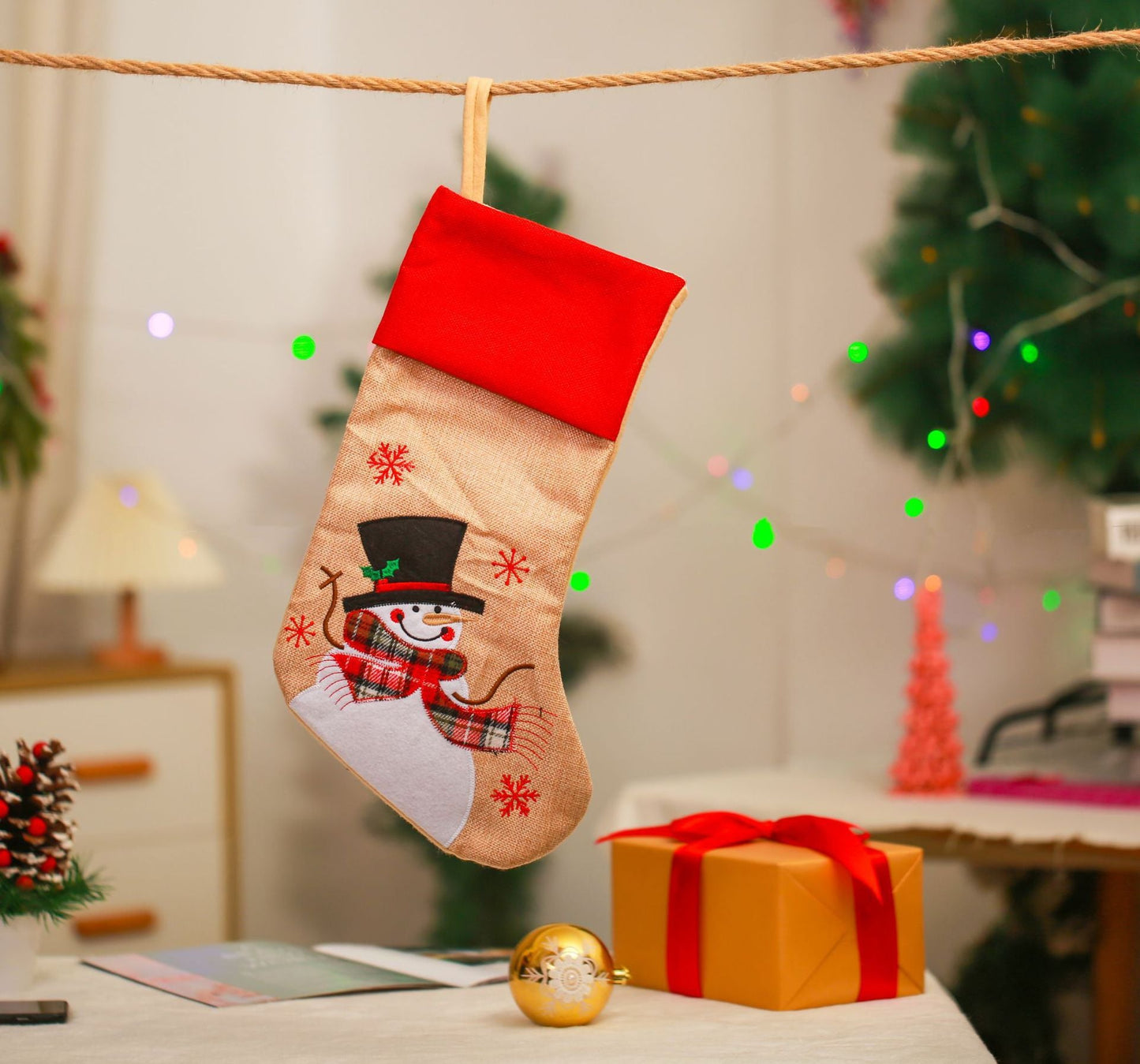 Christmas Decoration Linen Red Bordered Old Man Snowman Christmas Socks Christmas Gift Bag Candy Socks