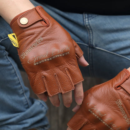 Yellow Cowhide Half Finger Motorcycle Gloves
