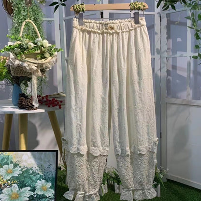 Forest Style Fully Hollowed Out Embroidered Patchwork Lantern Pants