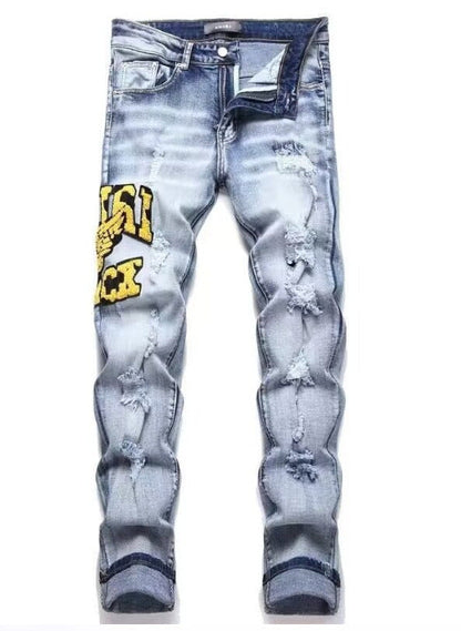Punk Retro Blue Ripped Slim Fit Men's Jeans