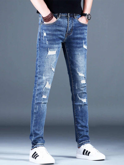 Ripped Fleece Slim-fit Stretch Jeans