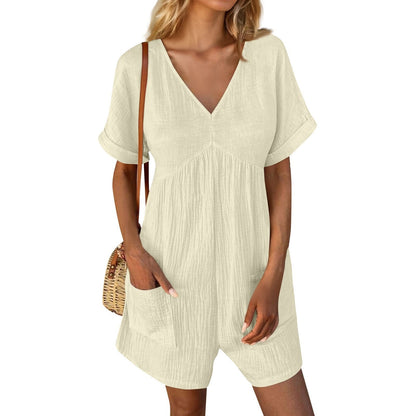 Solid Color V-neck Bat Sleeve Jumpsuit with Pockets
