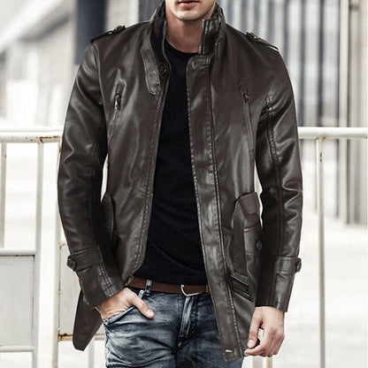 Men's Mid-length Leather Coat Stand Collar Fleece-lined Thickened