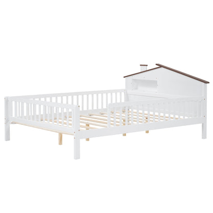 Full Size Wood Platform Bed with House-shaped Headboard, LED and Built-in Storage, White