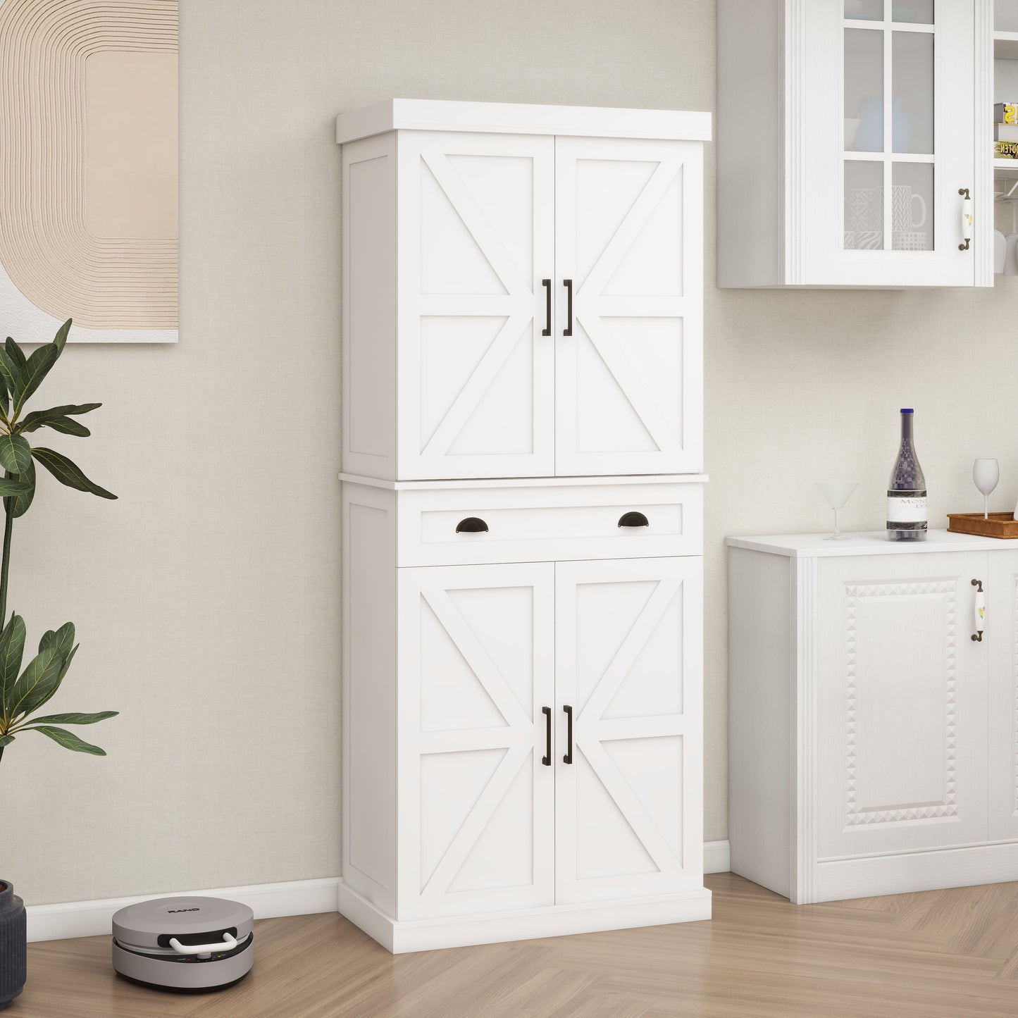 71" Kitchen Pantry Storage Cabinet with 4 Doors(2Doors with Racks)1 Drawer 2 Adjustable Shelves Freestanding Cupboard