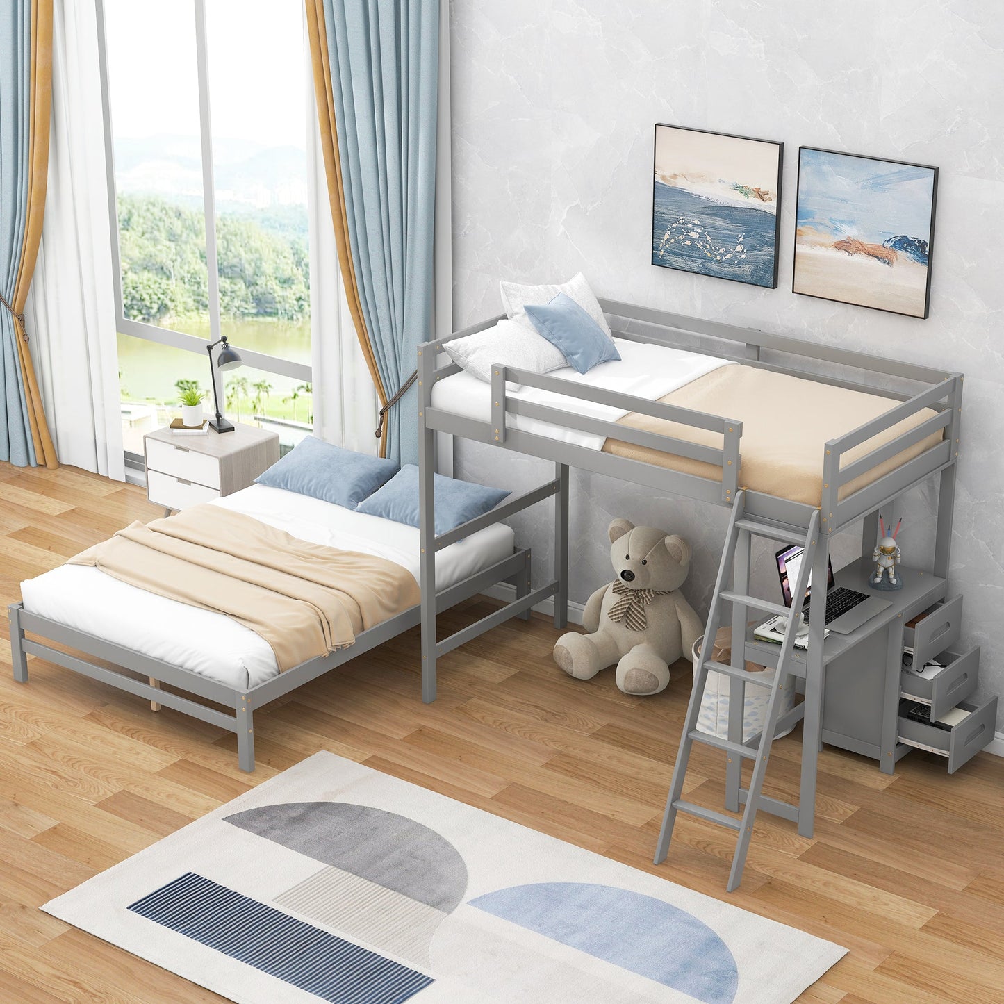 Twin over Full Bunk Bed with Built-in Desk and Three Drawers Grey