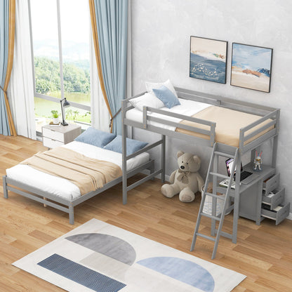 Twin over Full Bunk Bed with Built-in Desk and Three Drawers Grey