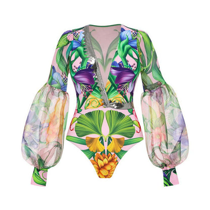 V-neck one-piece swimsuit for women bubble long sleeved sunscreen printed swimsuit