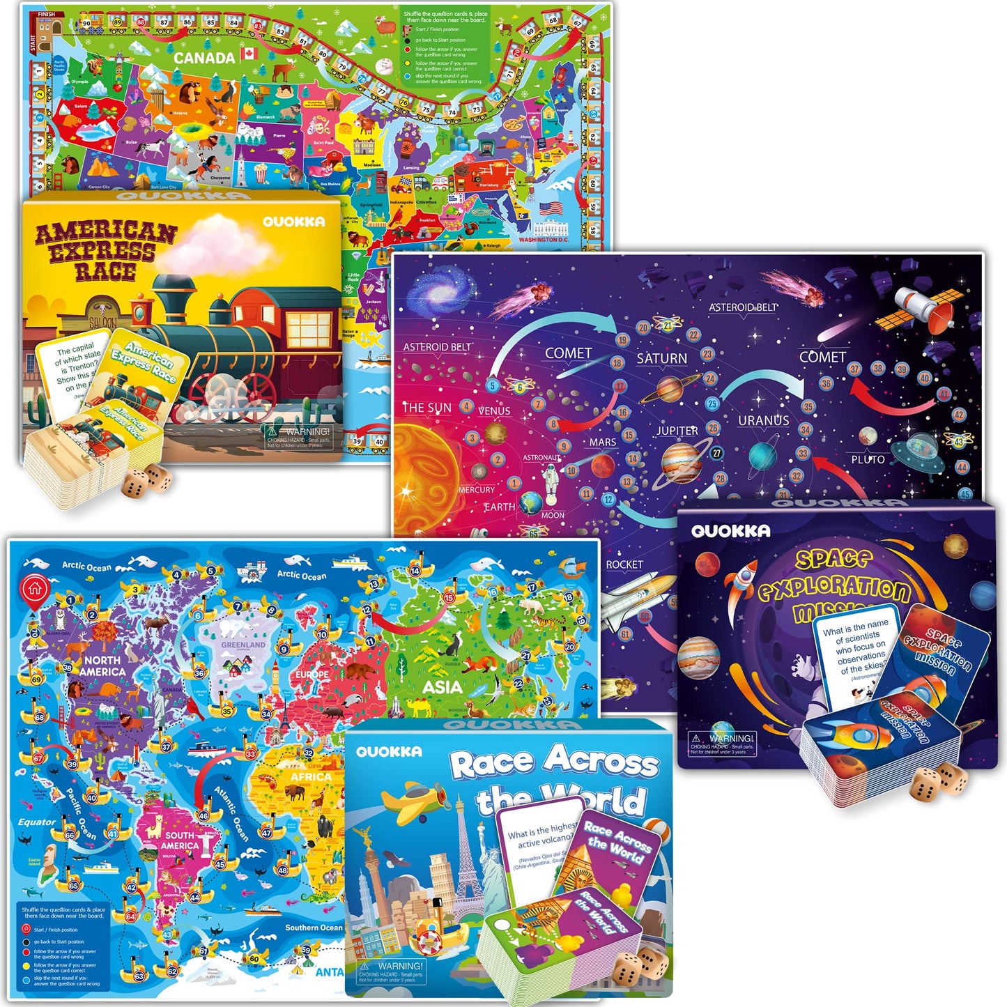 QUOKKA 3X Learning Board Games Set Educational Trivia Cards Kids Ages 6-8