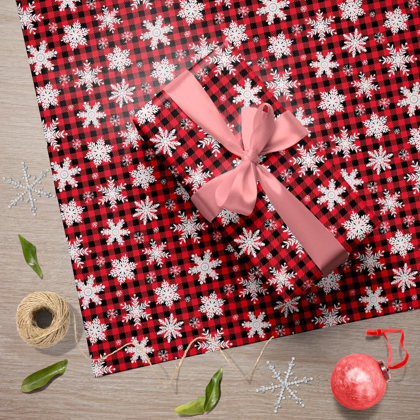 GIOLNIAY Christmas Wrapping Paper Snowflakes Red Black Plaid 28x40 4 Sheets
