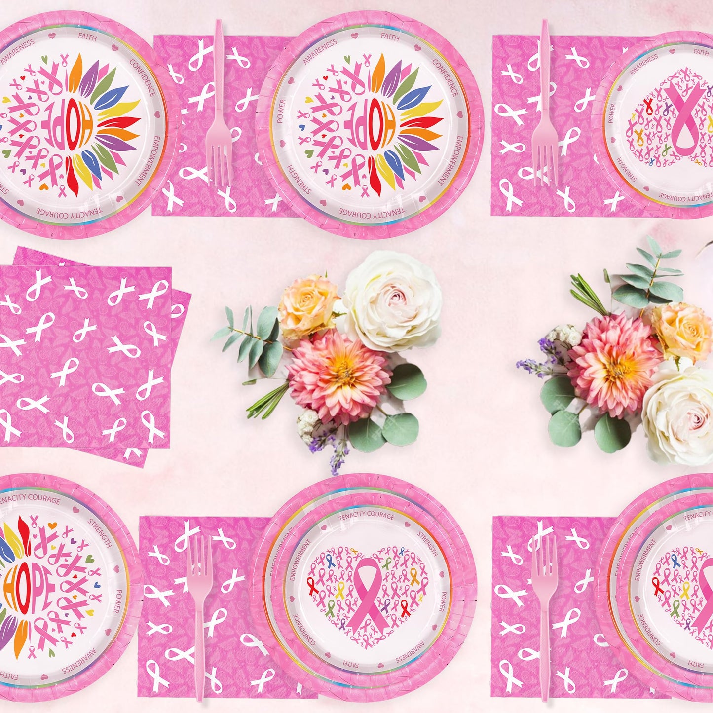 Detanpoly 96pcs Breast Cancer Awareness Pink Ribbon Plates Napkins Forks Set