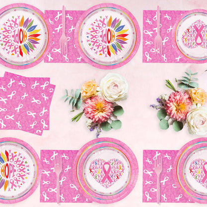 Detanpoly 96pcs Breast Cancer Awareness Pink Ribbon Plates Napkins Forks Set