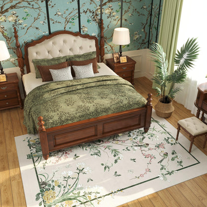 Vowkten 5x7 Chinoiserie Floral Vintage Washable Rug Non Slip Beige