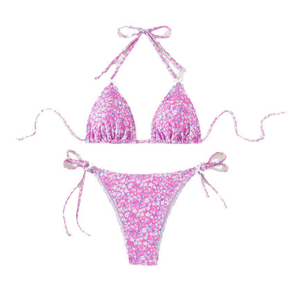 Floral triangle cup lace up sexy bikini split swimsuit for women