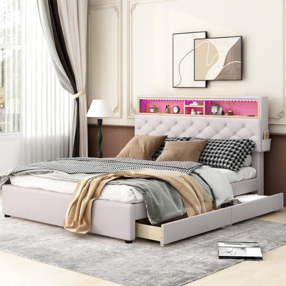 Queen Size Upholstered Platform Bed with Storage Headboard  LED  USB Charging and 2 Drawers  Beige