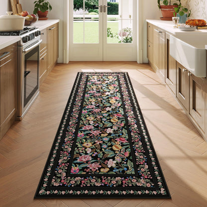 Vowkten Kitchen Runner Rug 2'x6' Non Slip Washable Black Vintage Polyester