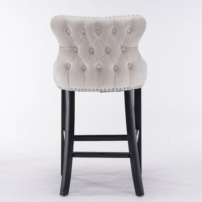 Velvet padded wing back bar stool with button tuft decoration and wooden leg chrome nail head decoration 2-piece set (beige)