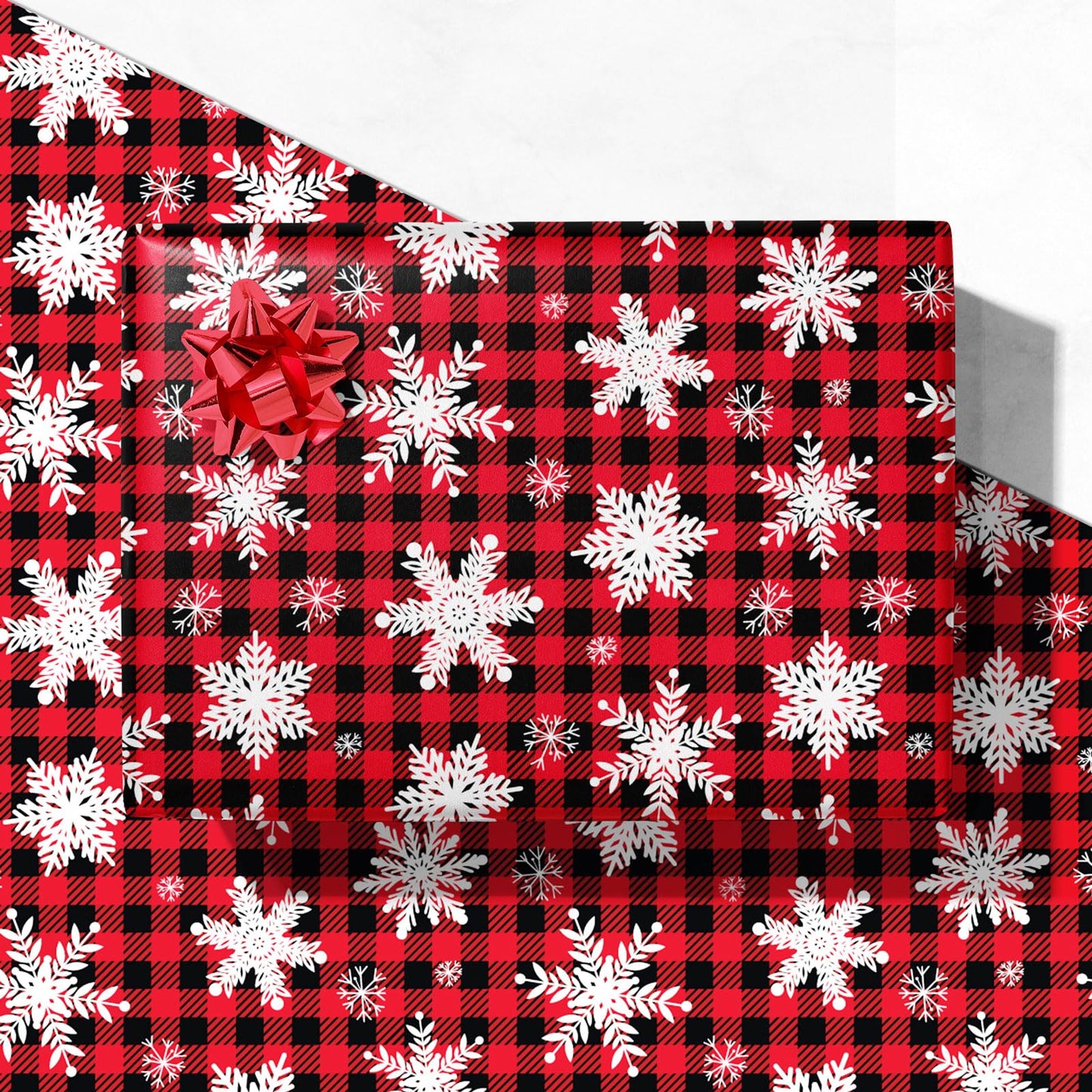 GIOLNIAY Christmas Wrapping Paper Snowflakes Red Black Plaid 28x40 4 Sheets