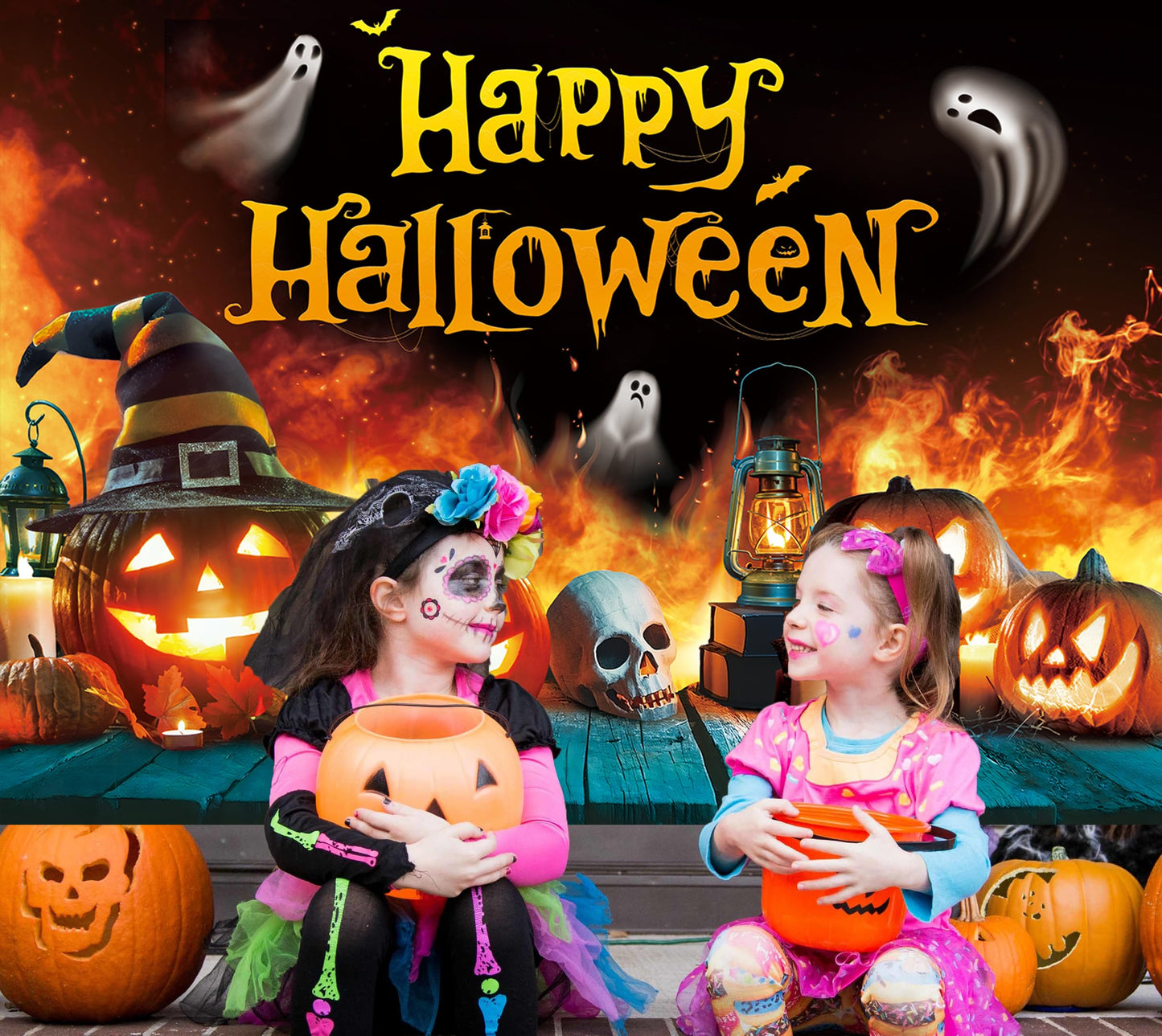 Happy Halloween Backdrop Ghost Pumpkin Flame Haunted House Party Banner 6x4FT