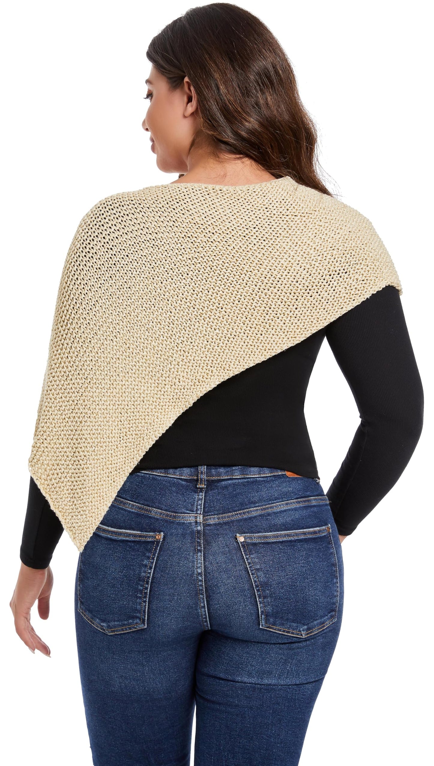 YZYIZHI Women's Asymmetric Knit Sparkly Poncho Shawl Wrap Ivory One Size