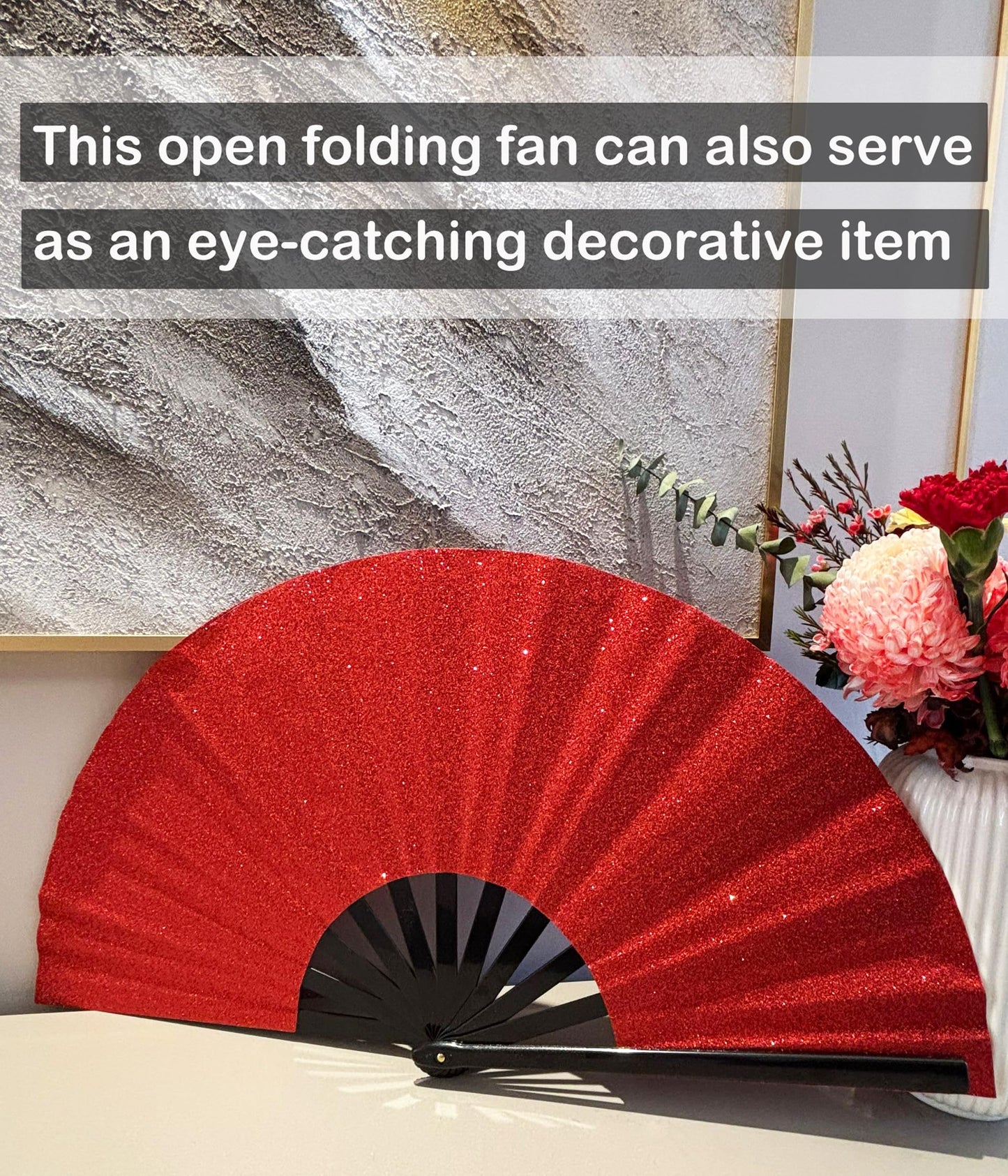 GeGeYa Large Folding Hand Fan Red Glitter for Dance Party Outdoor Decor