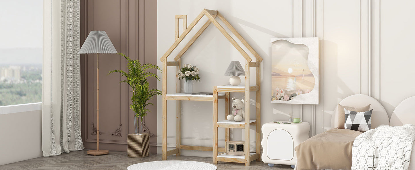House-shaped Wooden writing Desk Kids study Table Bookshelf & Toy Storage Natural