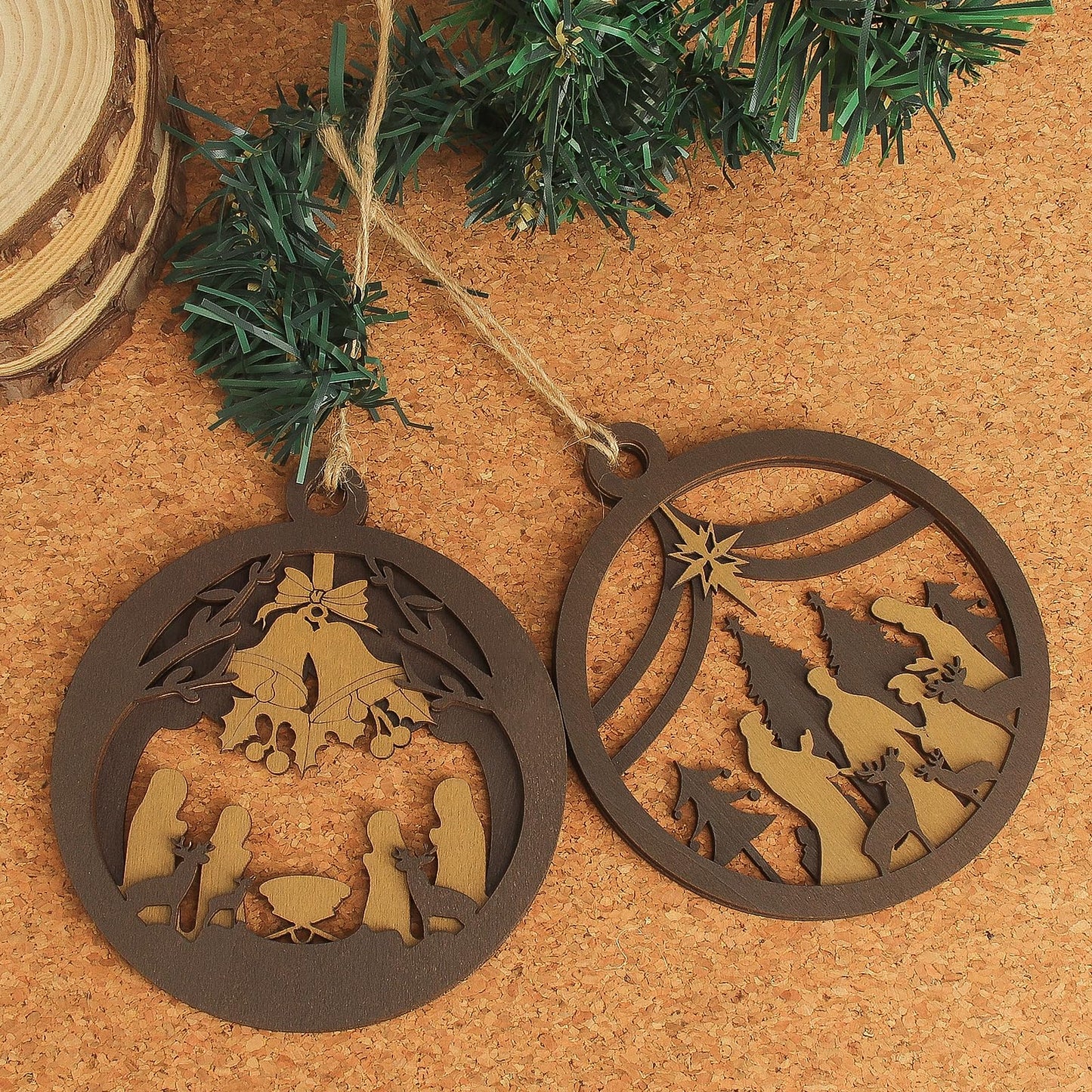 Yelsky Jesus Christmas Nativity Ornaments Wooden Set 2pcs Natural Wood