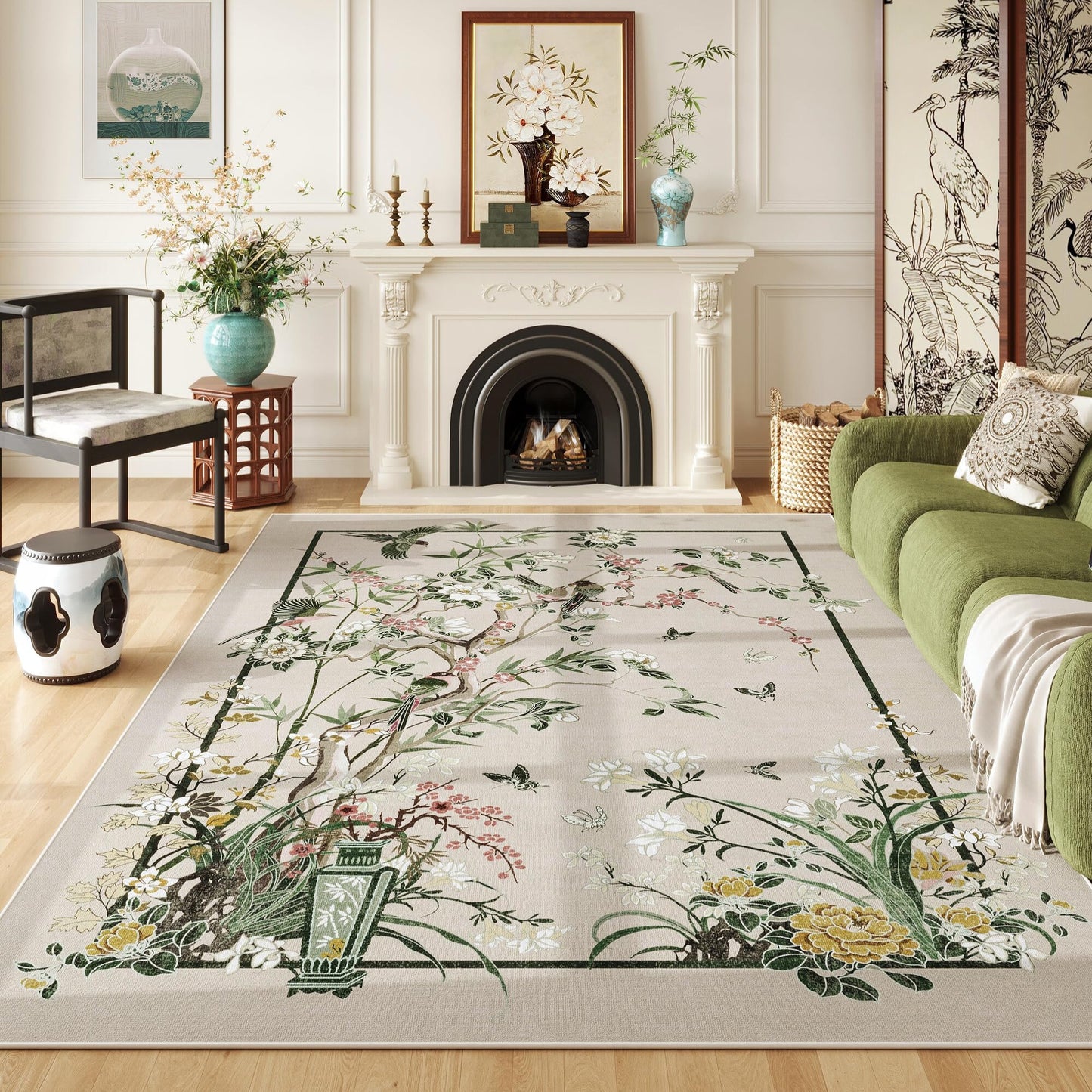 Vowkten 5x7 Chinoiserie Floral Vintage Washable Rug Non Slip Beige