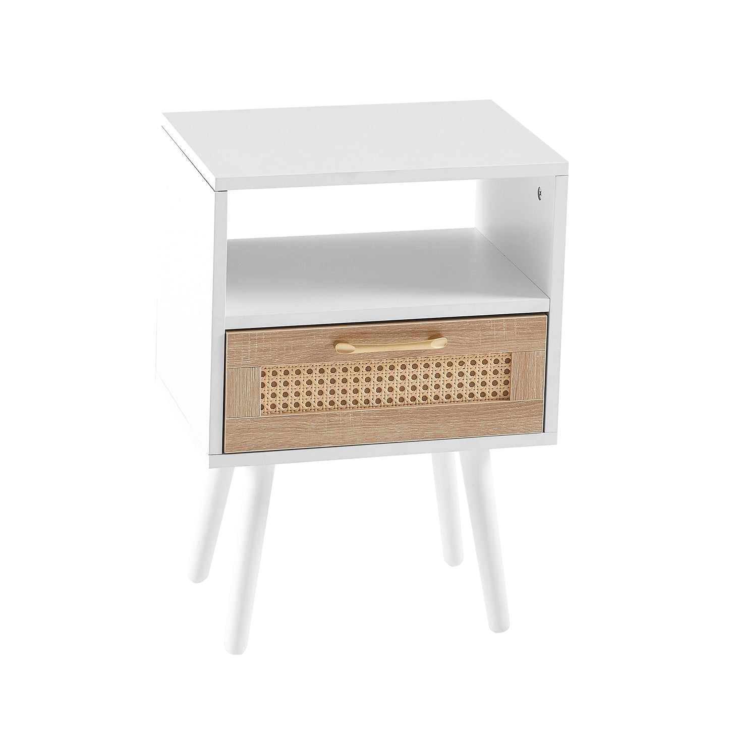 15.75" Rattan End table with drawer and solid wood legs Modern nightstand side table for living room  white