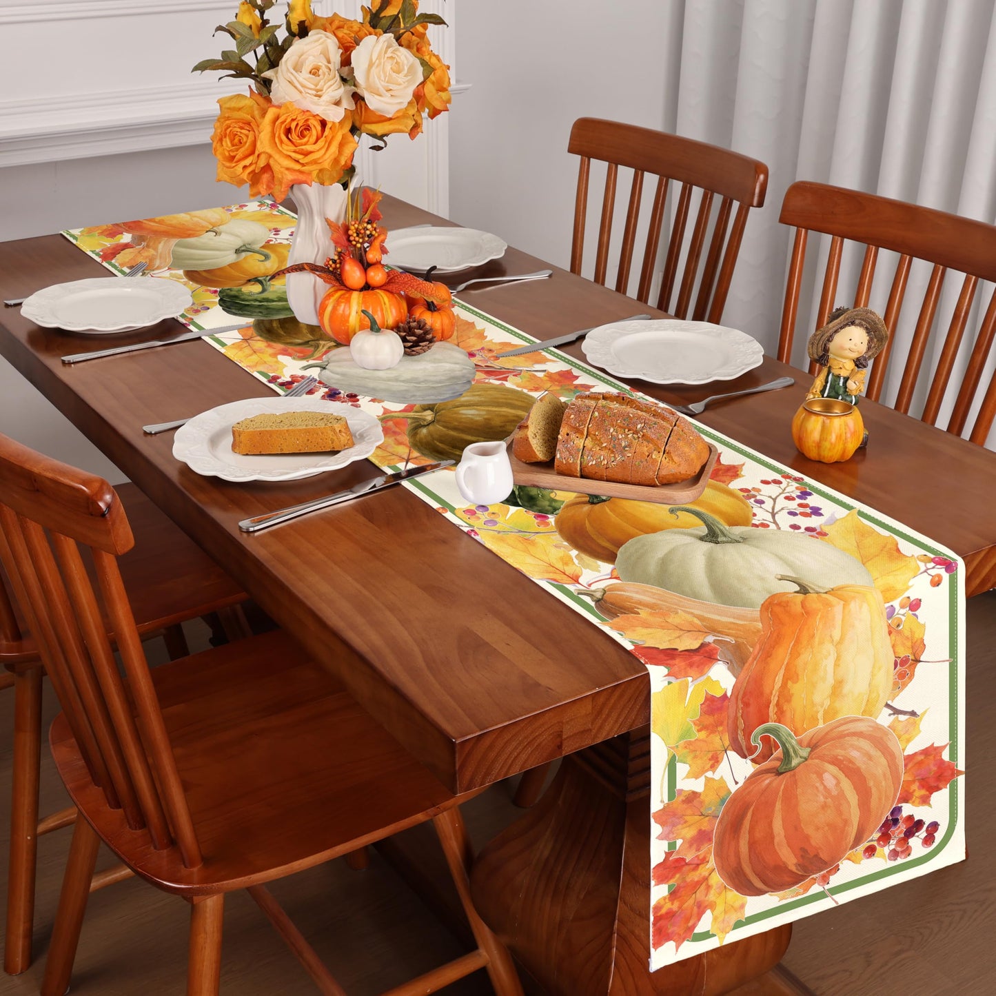 LULUXENIA Thanksgiving Table Runner Maple Leaves Pumpkin Fall Decor 13x72 Inch