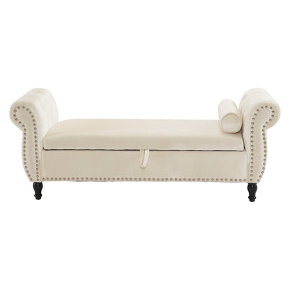 Velvet Multifunctional Storage Rectangular ottoman bench with 1 Pillow, Beige