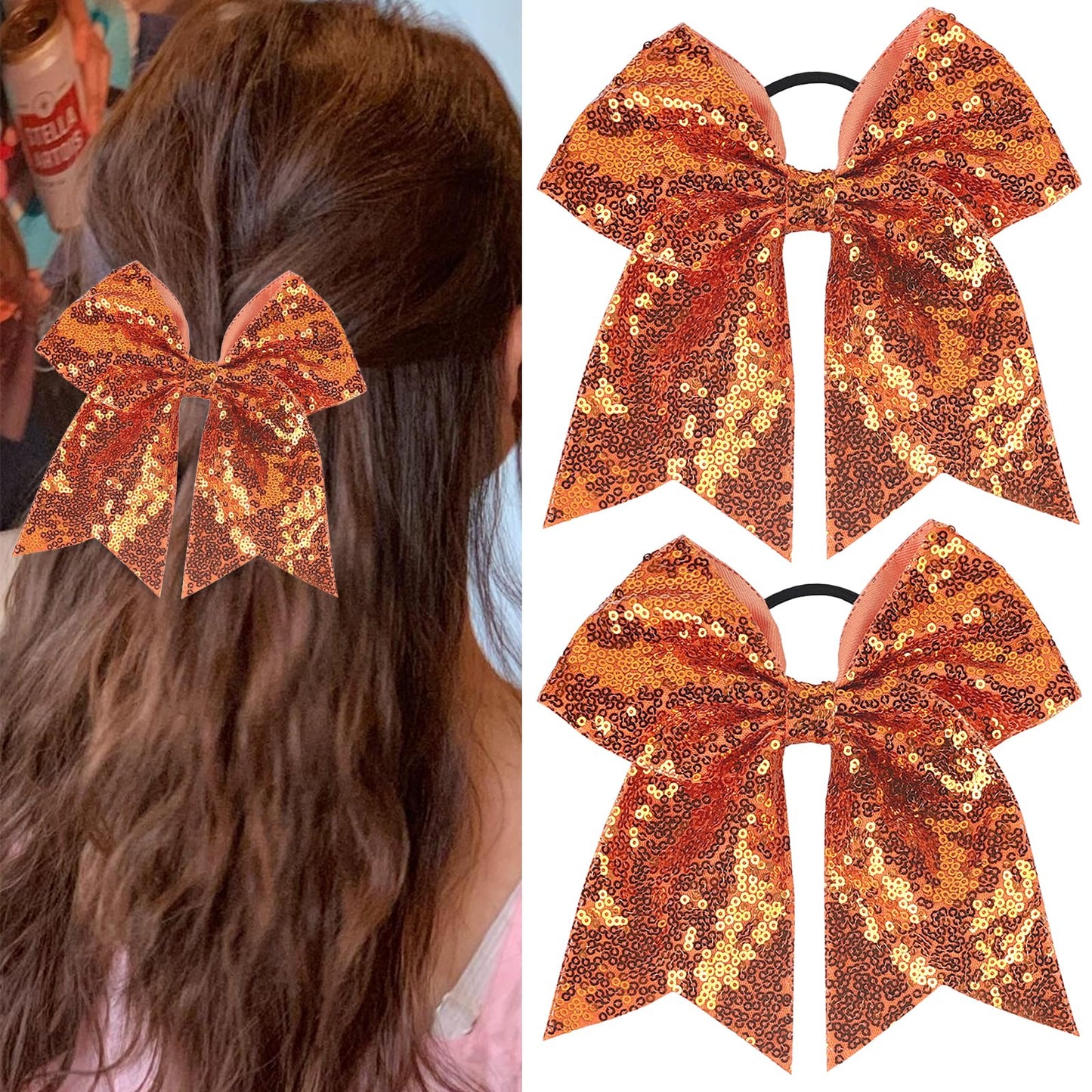 Xepeelo 2Pcs Orange Glitter Bow Elastic Hair Ties Bands Ponytail Holder 1 Count