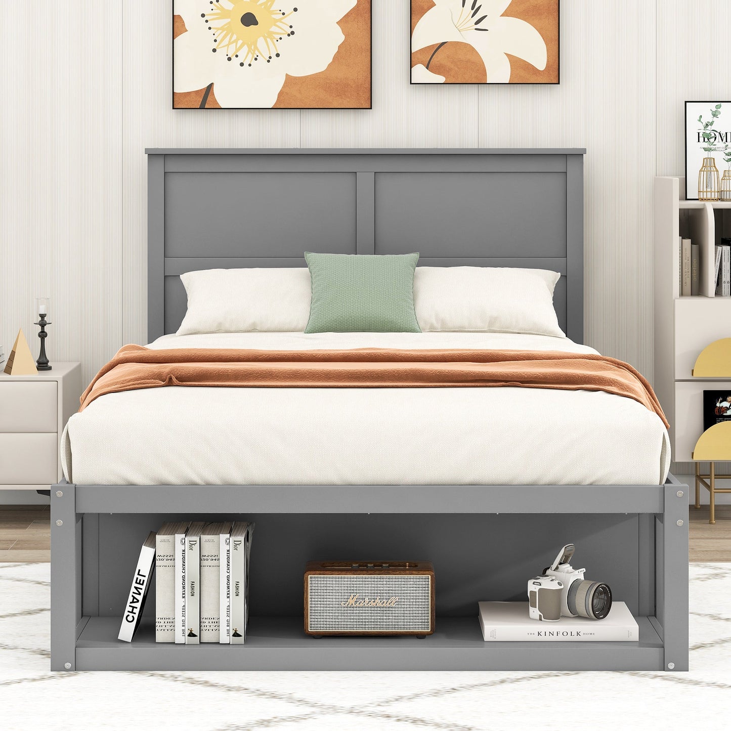 Full Size Platform Bed with Drawer on the Each Side and Shelf on the End of the Bed Gray