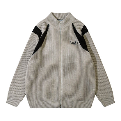 Color Block Zipper Cardigan Sweater Men's Autumn Street Style Stand Collar Long Sleeve Loose Knitwear