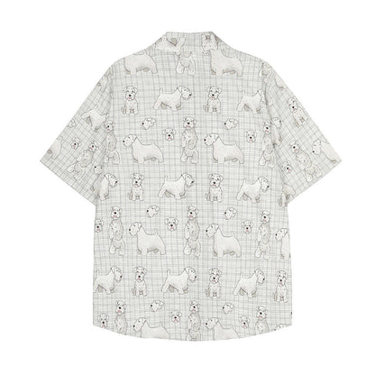 Digital Full Print Cartoon Dog Plaid Short Sleeve Shirt Loose Casual Turn-Down Collar Summer Shirt for Men