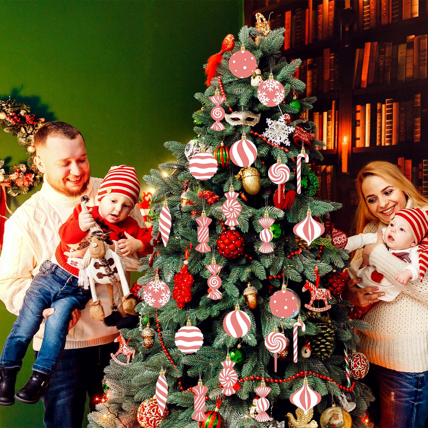 Arosche Christmas Candyland Tree Decorations 24Pcs Pink Wooden Ornaments