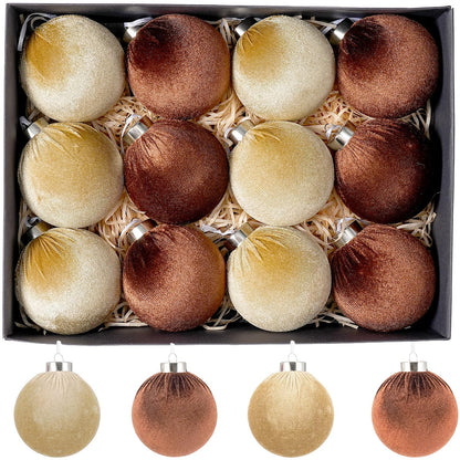 Xmastell 12 Pcs Velvet Christmas Ornaments Set Coffee Brown 3.15 Inch