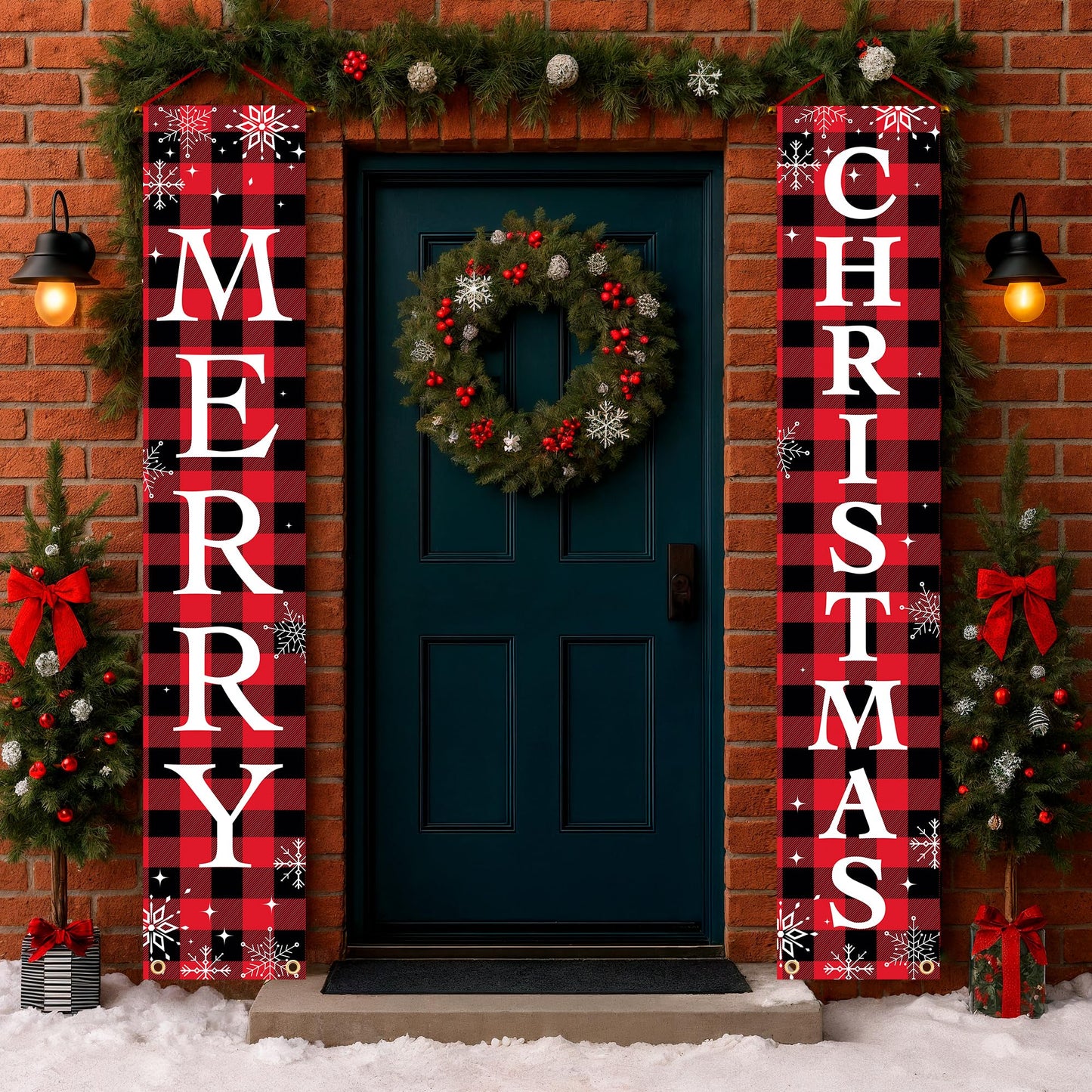 X-Protector Merry Christmas Buffalo Plaid Banner 71x13 Red