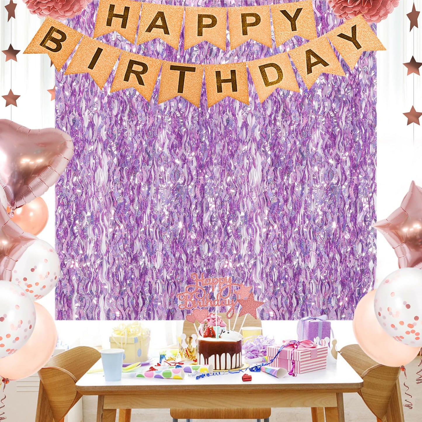 WBinFeng Lilac Pink Wave Party Backdrop Foil Fringe Curtain Streamers 2 Pack