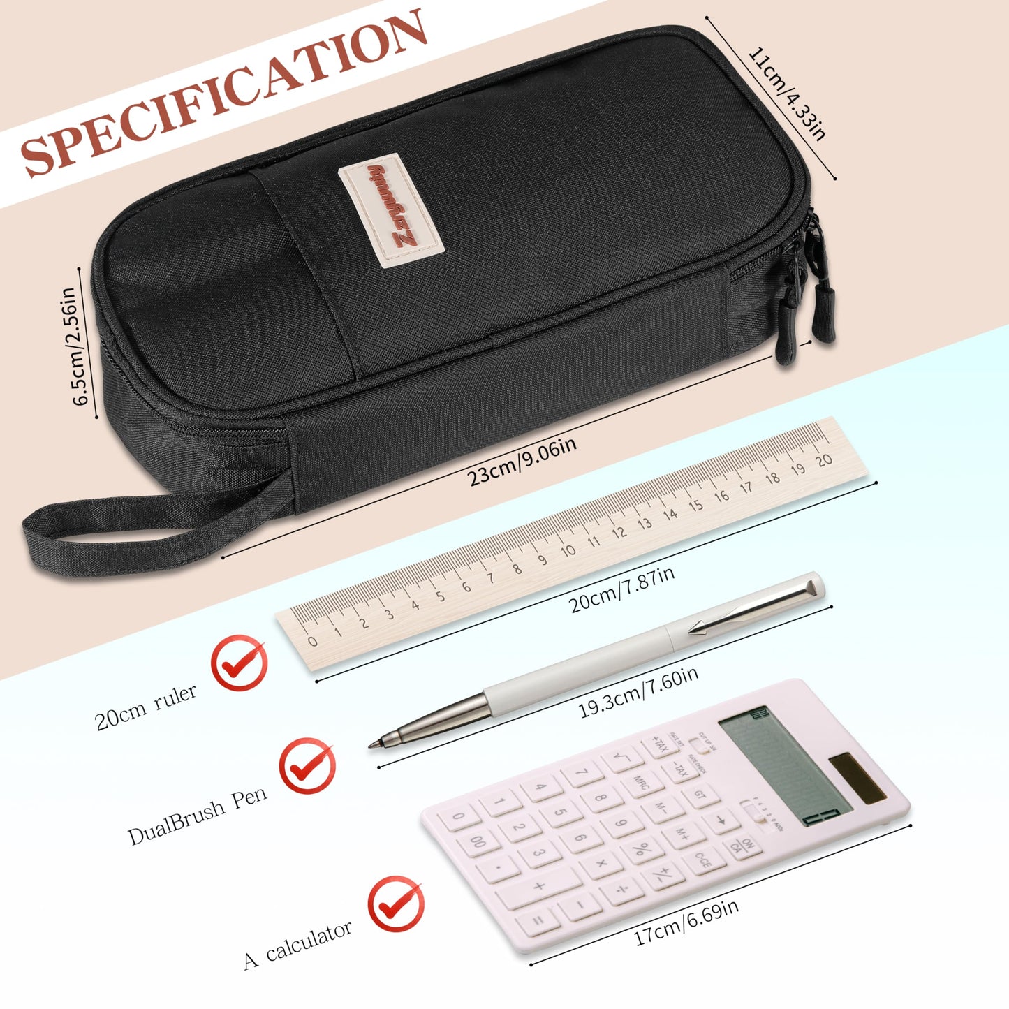 Zzrywuty Large Zipper Pen Case Pencil Pouch for Office Travel Black