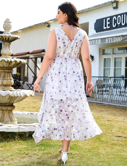 EYWOL Women's V Neck Boho Floral Chiffon Wedding Guest Dress Purple Size L