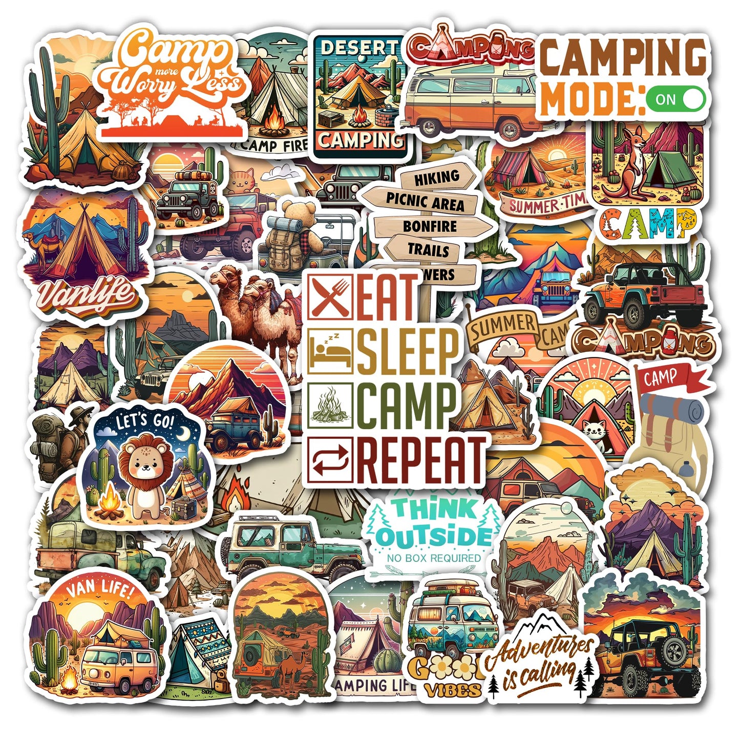 BIGZORO Desert Camping Stickers Camel Cactus Waterproof Vinyl Pack 50