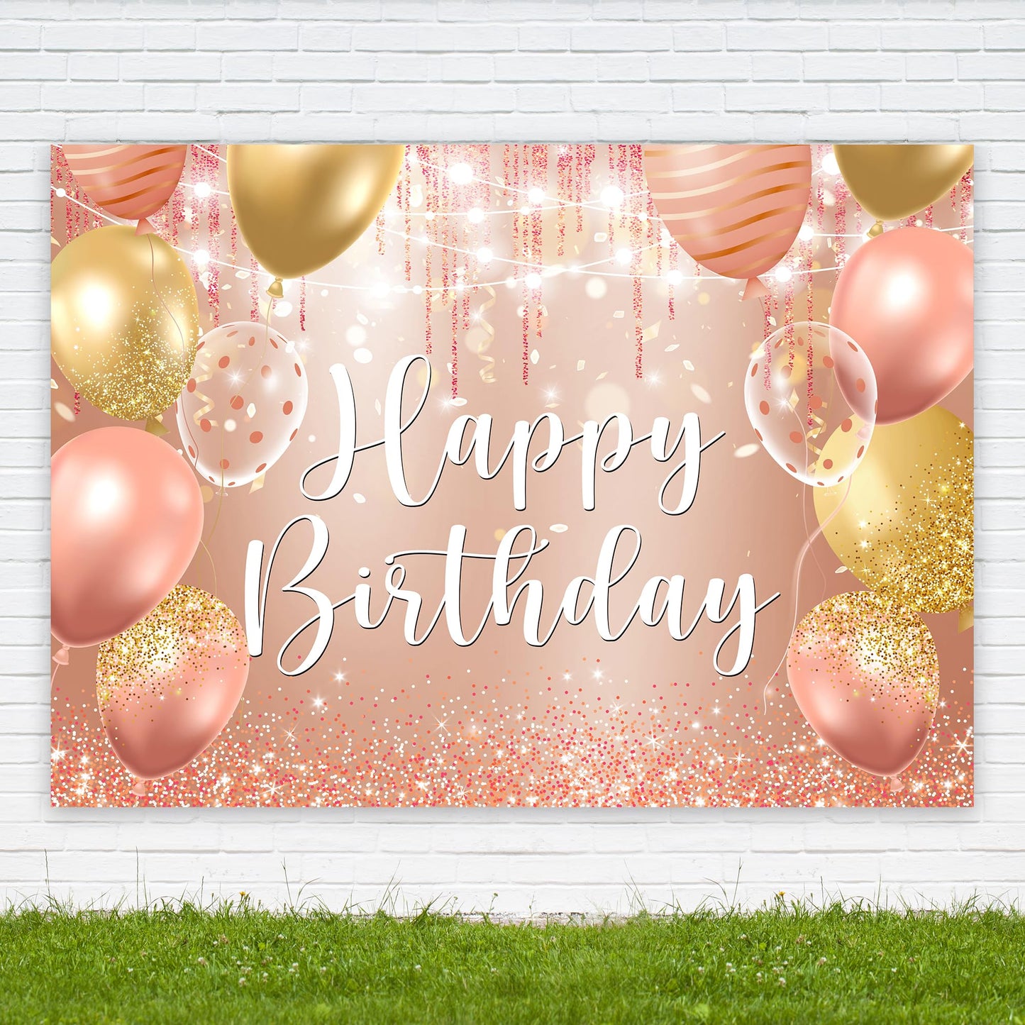 Riyidecor Happy Birthday Backdrop Champagne Pink Gold Balloons 7x5ft Polyester