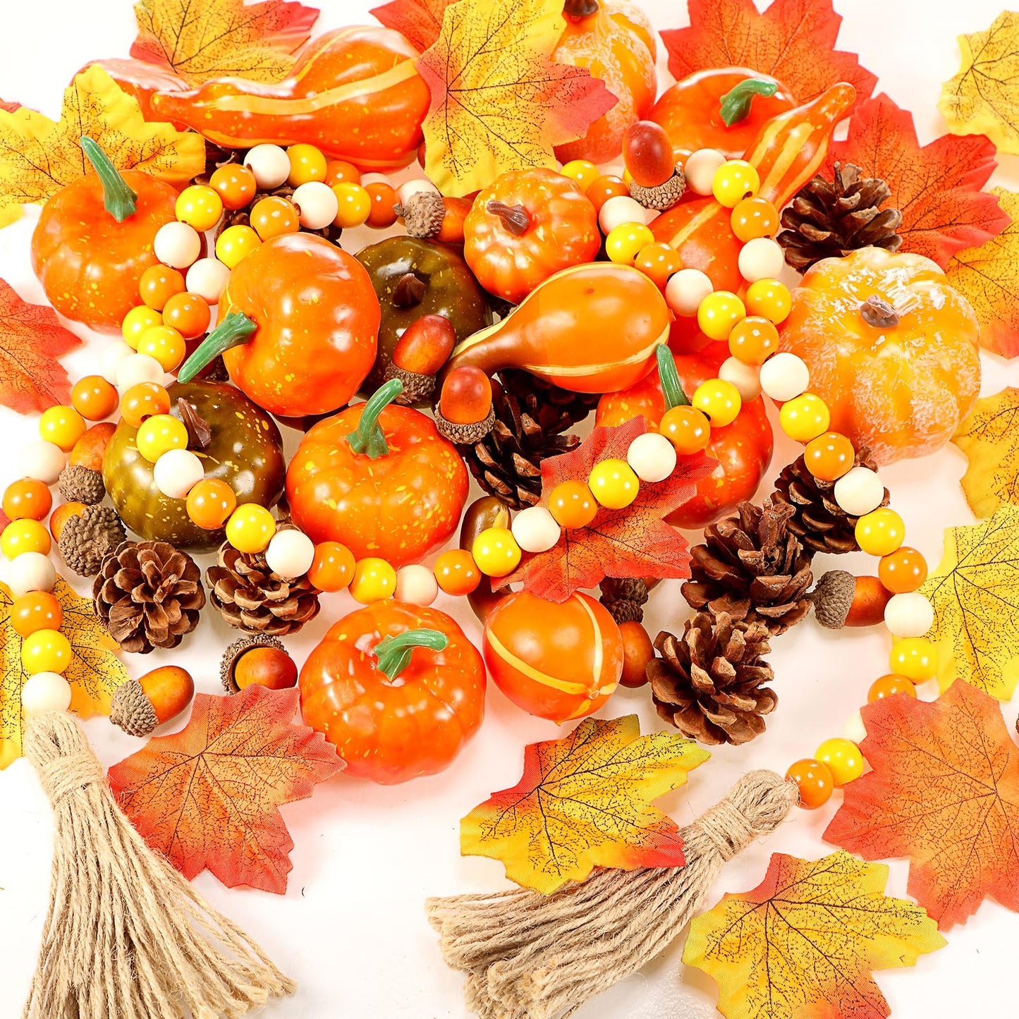 Jutom 148 PCS Fall Artificial Pumpkins Set with Pinecones Acorns Leaves