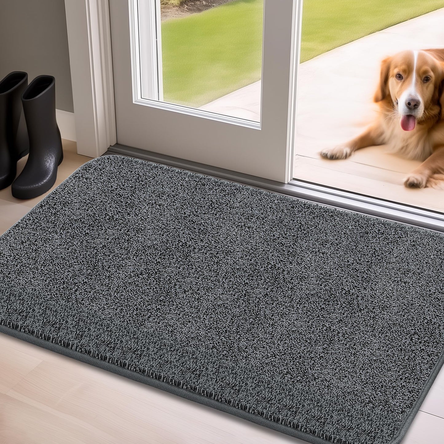 Mibao Front Door Mat Non-Slip Waterproof 35.5x59in Dark Grey TPR Backing