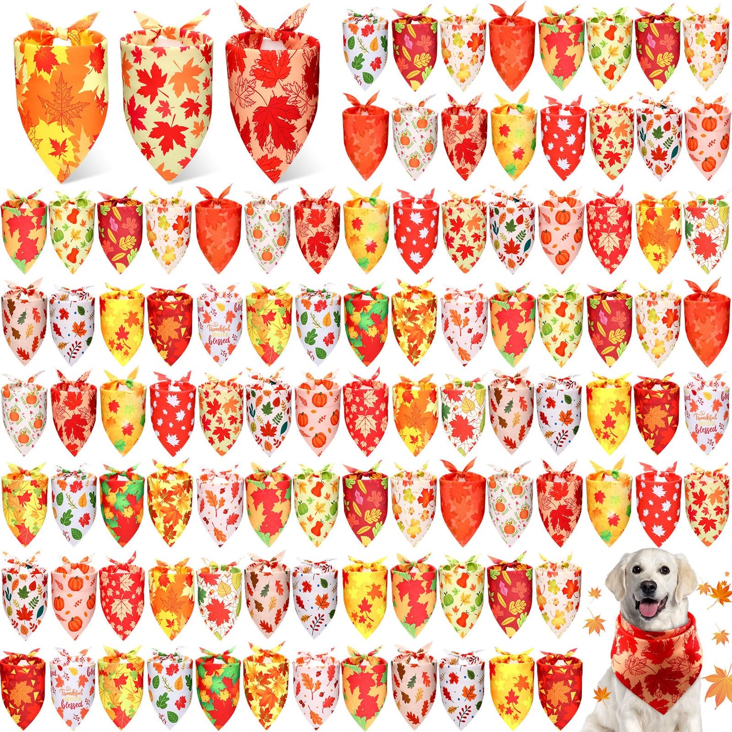 Preboun 100Pcs Fall Thanksgiving Dog Bandanas Pumpkin Maple Leaves Yellow Orange