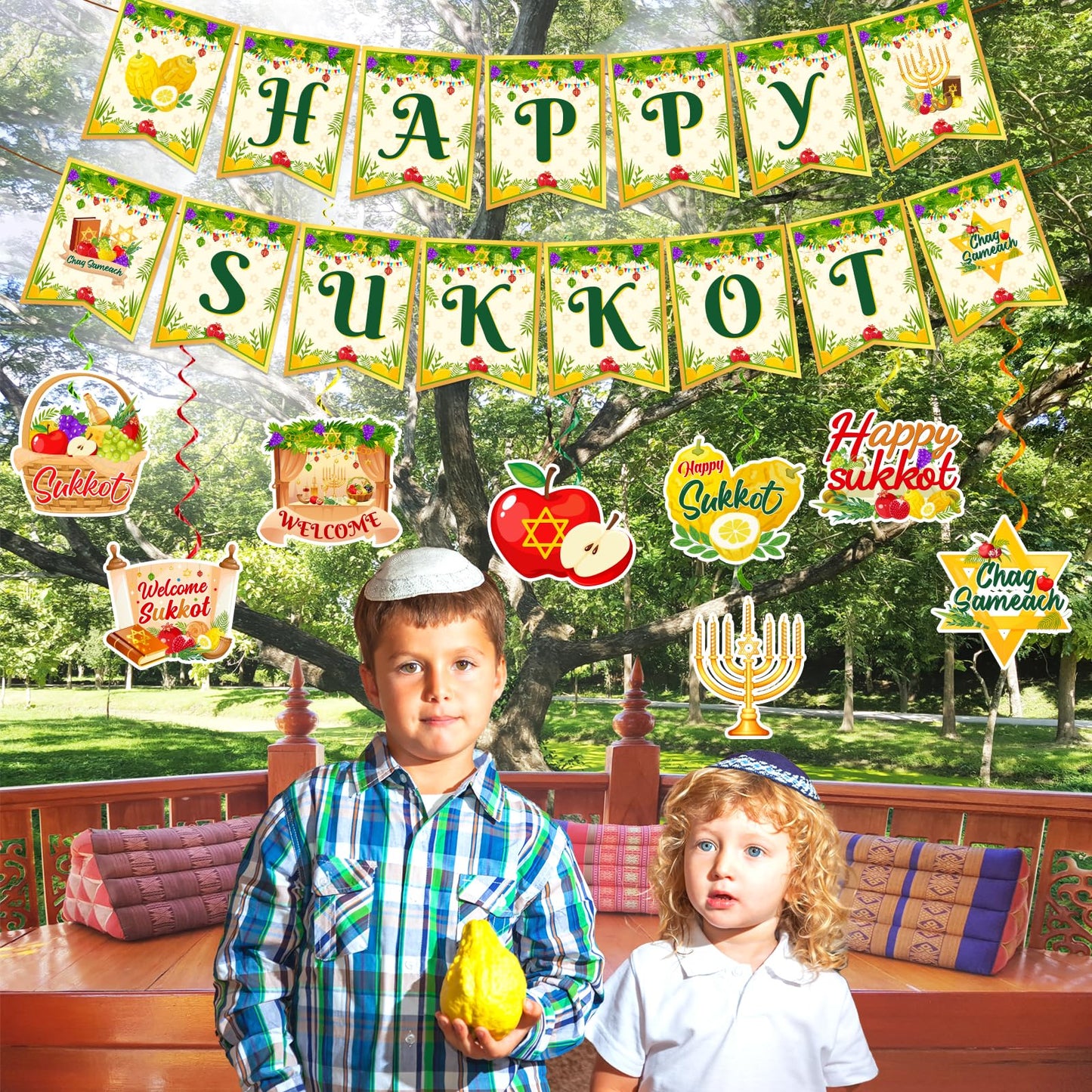 Sukkot Decorations Hanging Swirls Happy Sukkot Banner Ceiling Decor